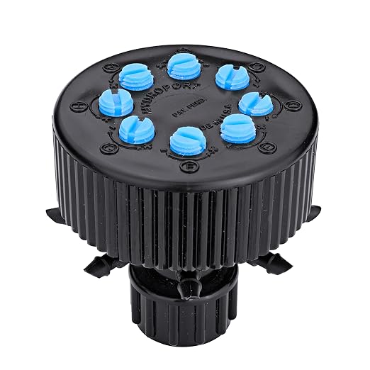 Raindrip 13800UB, Hydro-Port Adjustable Eight-Outlet Bubbler, Drip Irrigation Emitters for Drip Irrigation Gardening Systems, up to 30 GPH Per Outlet, 1/2-Inch FPT Inlet, Black/Blue
