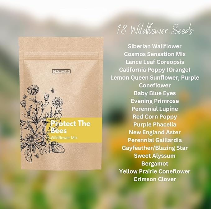 32,500 Seeds Honey Bee Wildflower Pollinator Mix - Perennial & Annual Wild Flowers for Spring & Fall - Planting Outdoors to Save The Bees - California Poppy, Primrose, Bergamot - 1 oz