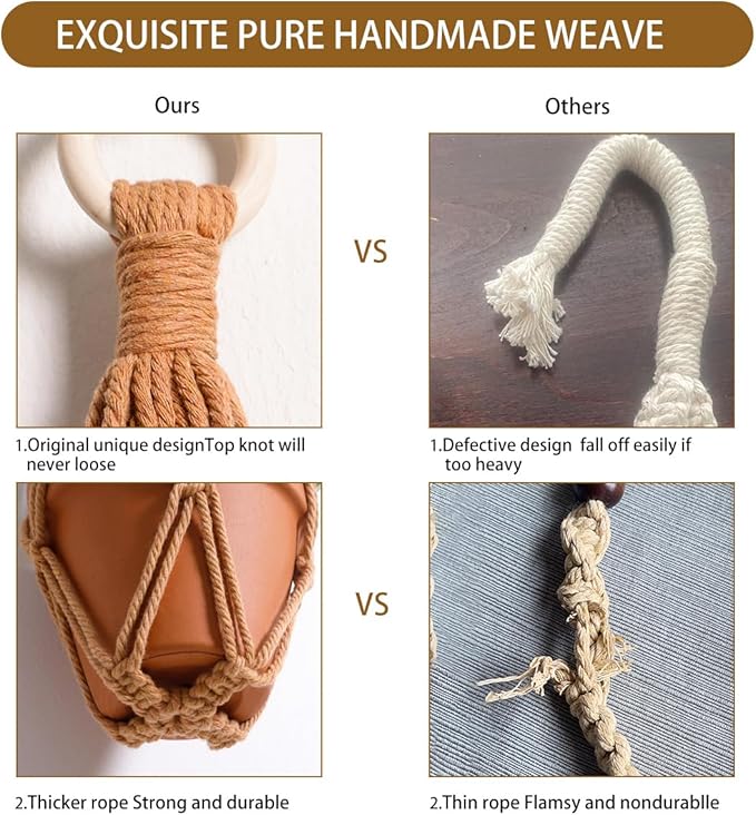 Artilady Plant Hanger Indoor Macrame Hanging Planters for Plants Holder Boho Brown Basket No Tassels Farmhouse Rustic Window Wall Decor