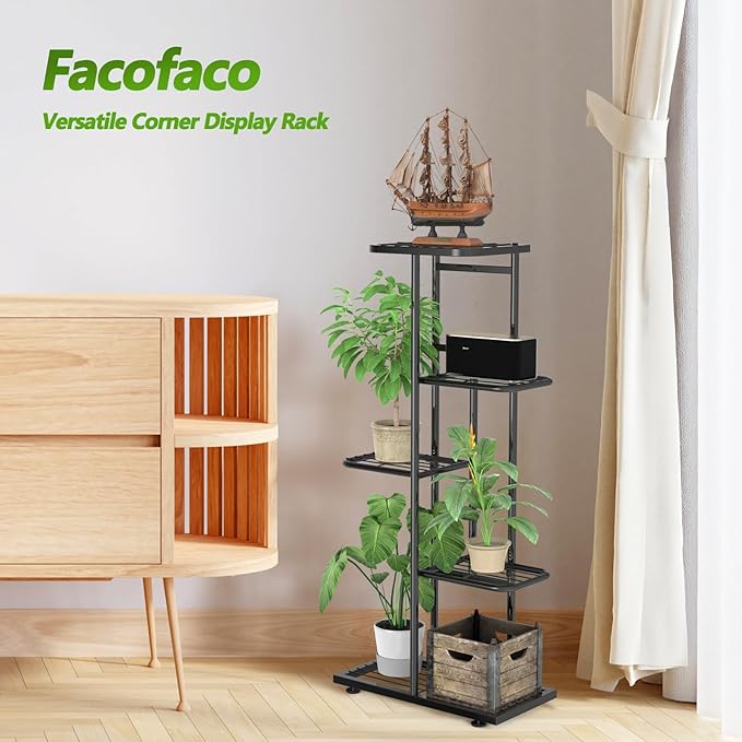 5 Tier 6 Potted Plant Stand Indoor with Gardening Tools and Gloves, Upgraded Corner Tall Metal Plant Shelf Organizer Outdoor, Multiple Flower Pot Holder Display Rack (5 -Tier Black)