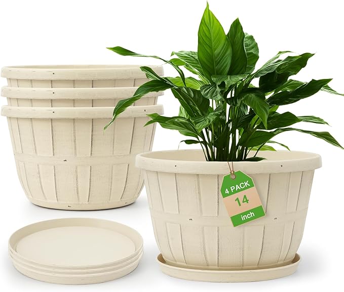 Quarut 14 Inch Plastic-Flower-Pot-for-Indoor-Plants, 4 Pack Large Outdoor Planter Pot with Drainage Holes & Saucers, Resin Decorative Garden Pots Planters（Beige）