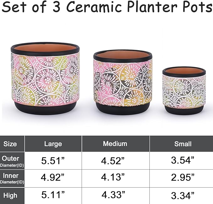 DeeCoo 3 Piece Ceramic Plant pots with Drainage Holes, 5.7/4.7/3.5/inch, Modern Decorative Indoor/Outdoor Flower Pots Set For Plants Lilies, Cacti, Succulents, Snakes, and Bamboo (Black)