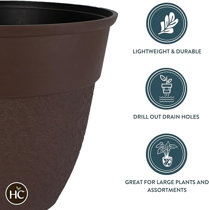The HC Companies 16 Inch Brookhaven Decorative Round Planter - Lightweight Premium Resin Plant Pot with a Stonelike Texture for Indoor Outdoor Use, Brown