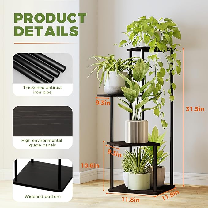 Bamworld 4 Tier Plant Stand Indoor, Small Metal Plant Shelf for Multiple Plants, Corner Flower Stand for Patio Garden Balcony Living Room Bedroom(Black)
