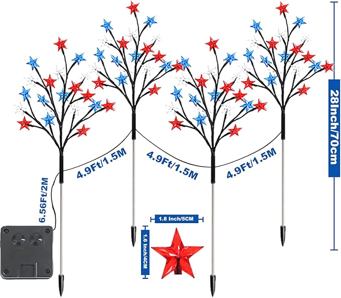 Solar 4th of July Decorations Outdoor Lights, 4-in-1 8 Modes Red White and Blue Star Stake Lights, Waterproof Solar Patriotic Decorations Outdoor for Fouth of July Memorial Day Yard Pathway Grave