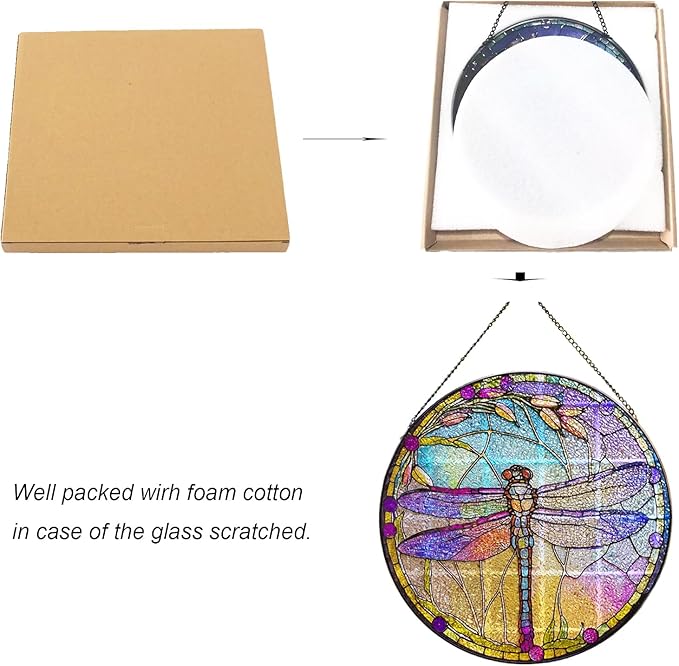 Dragonfly Stained Glass Suncatcher Artistic Window Hanging,7.8” Hand-Painted Glass Panel Wall Home Decor,Gift for Women Garden Decor Suncatcher (Dragonfly), BL009