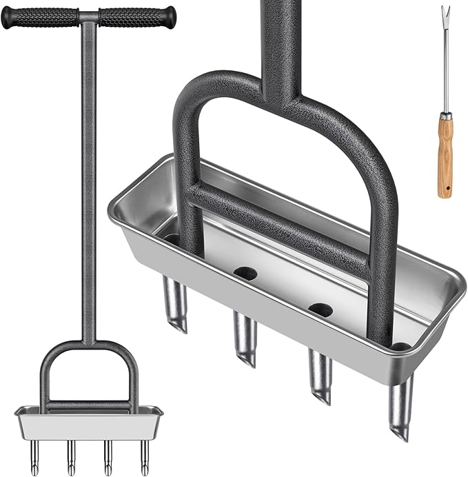 Dolibest Lawn Coring Aerator, Manual Grass Aerating Tool with Stainless Steel Soil Core Storage Tray, 4 Stainless Steel Corer Plug Aerator Tool, Garden Tool & Clean Hand Tool, Improve Lawn Health