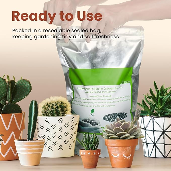 Succulent Cactus Potting Soil Mix (2 qt), All-Purpose Garden Soil for Indoor Outdoor Plants, Quick Drain Houseplant Orchid Bonsai Soil, Ready-to-Use Perlite Soil, Resealable Bag Design