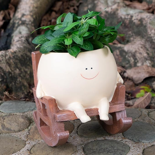 Large Smiley Face Planter Pot, Cute Resin Flower Head Planters for Indoor Outdoor, Unique Rocking Chair Plant Pot for Succulents Plants Live with Drainage Hole, Gift IdeaI for Mother Christmas