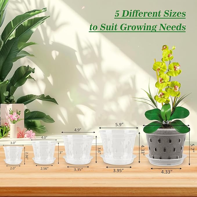 Orchid Pot,3 4 5 6 7 Inch 10 Pack Orchid Pots with Holes and Saucers,Clear Orchid Pots for Repotting,Slotted Orchids Planter