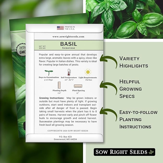Sow Right Seeds - Genovese Sweet Basil Seed for Planting - Non-GMO Heirloom Packet with Instructions to Plant and Grow a Kitchen Herb Garden - Indoors or Outdoor - Great for Hydroponic Gardening (1)