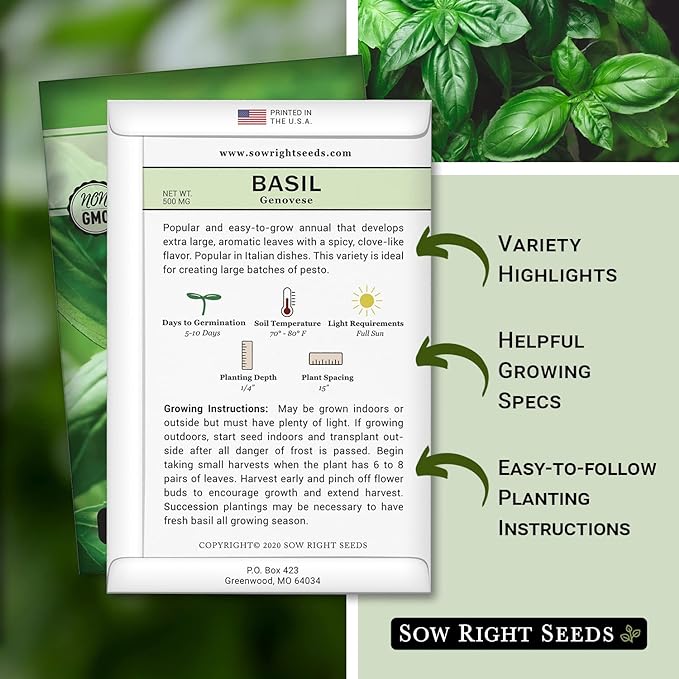 Sow Right Seeds - Genovese Sweet Basil Seed for Planting - Non-GMO Heirloom Packet with Instructions to Plant and Grow a Kitchen Herb Garden - Indoors or Outdoor - Great for Hydroponic Gardening (4)
