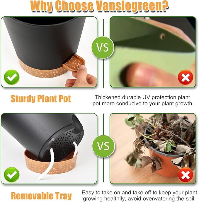 Planters for Indoor Plants 7/6.5/6/5.5/5 Inch, Self Watering Flower Pots with Drainage Holes and Saucers 5 Pack Plastic Pots for Plants, Succulents, Herbs, Cactus, Flower, Black