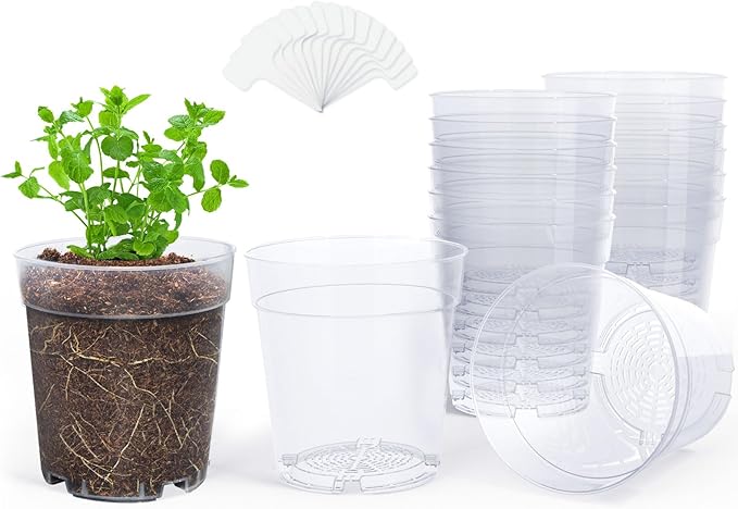 homenote Clear Nursery Pots for Plants,7 Inch Plant Pot for Planting Plastic Seedling with Drainage Holes Seed Starter Flower High Transparency with 20 Labels (15 Pack)
