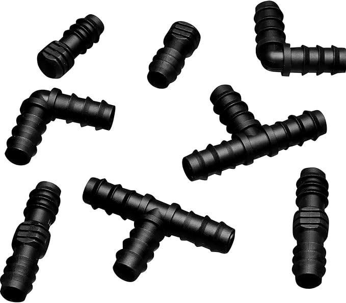 Maitys 8 Pieces Drip Irrigation Barbed Tee Fittings 1/2 Inch Universal Barbed Tee Fittings Connectors Drip Plastic Soaker Hose Connectors Hose End Stop, Black(Mixed)