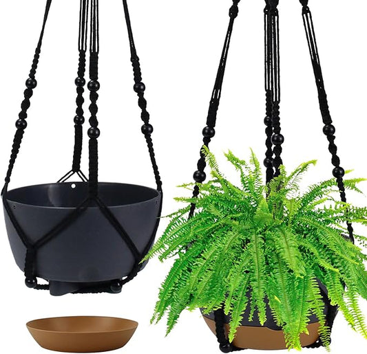 2 Pack Hanging Planters Set,10 Inch Indoor Outdoor Hanging Plant Pot Basket,Hanging Flower Pot with Drainage Hole with 3 Hooks for Garden Home… (Black Hanger Black Planters)