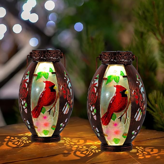Starsoul 2 PC Cardinal Outdoor Solar Lantern Cardinal Solar Light Waterproof Tabletop Lamp with Hollowed-Out Design for Yard Patio Garden Pathway