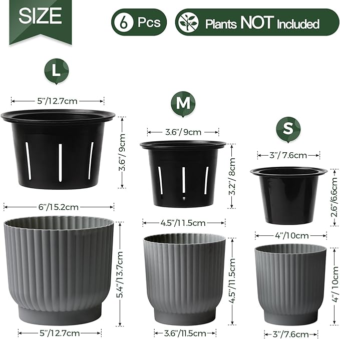 T4U African Violet Pots, 4 Inch Self Watering Pots for Indoor Plants, 6 Pack Small Planters, Durable Charcoal Gray Plastic Small Pots for Indoor Plants, Flower