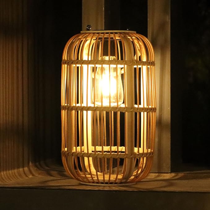 Solar Lantern Outdoor Waterproof, Large Rattan Solar Lantern Outdoor Hanging with Handle, Natural Bamboo Solar Outdoor Lights with Edison Bulb for Garden Patio Yard Tabletop Decoration
