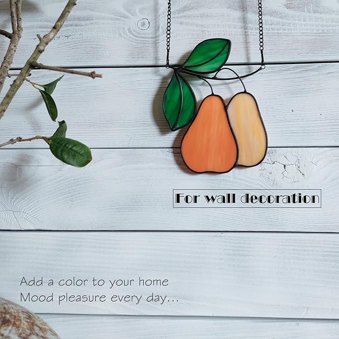 Stained Glass Window Hanging Orange pear Sun Catcher Home Decor Gifts for Christmas to Family and Friends
