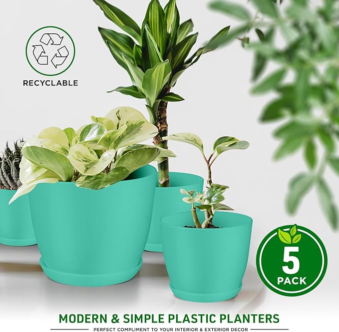 Planter Pots with Drainage Holes - Lightweight, Durable, and Space-Saving Pots for Indoor and Outdoor - Versatile Functionality, Simple Modern Design, Set of 5 Plastic Planter Pots - Aqua
