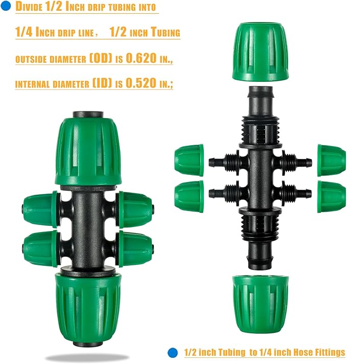 10 Pcs Barbed Tee 1/2 inch Tubing (1/2" ID x0.6-0.63" OD) 16mm to 1/4 inch Irrigation Tube Anti-Drop Quality Fitting (Fits 13mm ID / 4mm ID) (6-way lock Buckle Green)