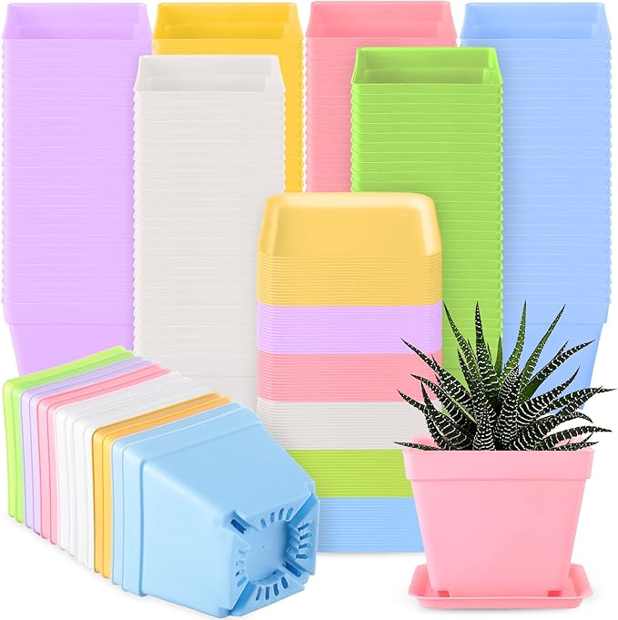 100 Pieces 4 Inch Flower Pots Square Plants Nursery Pot Plastic Plant Seedling Pots Nursery Transplanting Planter Container with Saucer for Indoor Herbs Succulents Balcony Garden Office (Colorful)