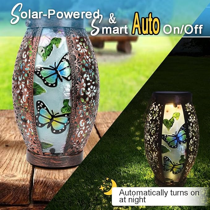 2PCS Butterfly Solar Lanterns Glass & Metal Hanging Light Outdoor Waterproof 16" H Tabletop Lamp with Hollowed-Out Design with Shepherd's Hooks for Garden Patio Table Decor