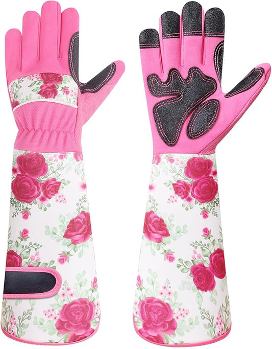 DLY Gardening Gloves for Women, Rose Gloves Gardening Thorn Proof, Long Garden Gloves for Women, Breathable & Durable Leather Gauntlet (Medium, Rose Red)