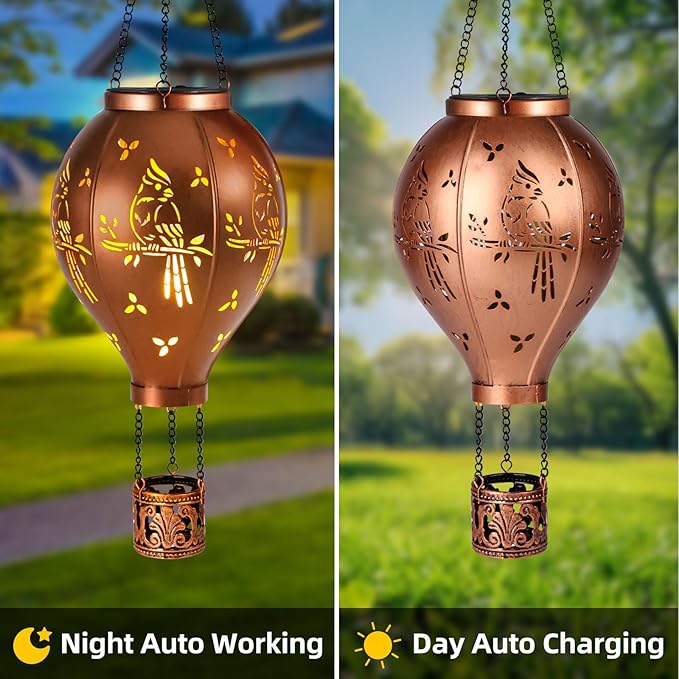 Solar Lights Outdoor Waterproof Cardinal Hot Air Balloon Metal Hanging LED Lantern Decoration Garden,Patio,Yard,Porch for Christmas Decor Gifts for Women Mom Friends
