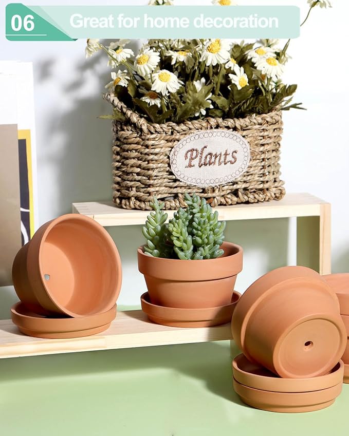vensovo 3.7 Inch Terracotta Shallow Succulent Pots - 6 Pack Terra Cotta Clay Pot with Saucer, Cacuts Indoor and Outdoor Planters with Drainage Hole