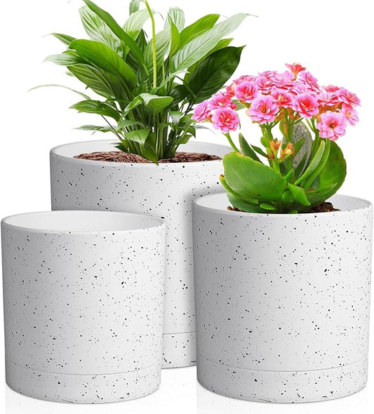 6/5/4 inch Plant Pots, 3 Pack Cylinder Flower Pots for Small Indoor Outdoor Plants, Plastic Planters with Drainage Holes and Saucers for Garden Succulent House Plants, Speckled White
