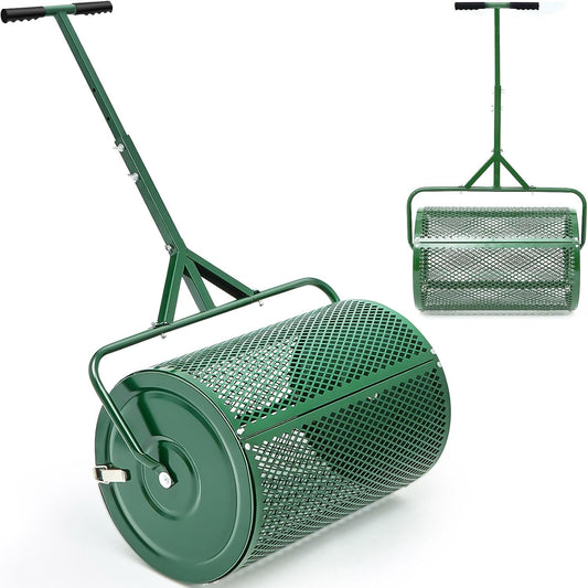 Hiboom 36 Inch Compost Spreader, Peat Moss Spreader, Manure Roller with Adjustable T Shaped Handle, Lightweight Metal Mesh for Lawn Garden Spreading Manure Topsoil (Green)