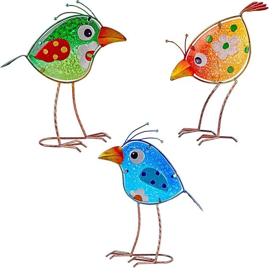 John's Studio Garden Decor for Outside - Outdoor Statue Decorations Metal Bird Glass Yard Art Décor, Lawn Ornaments for Patio Yard Porch, Housewarming Gift - 3 PCS