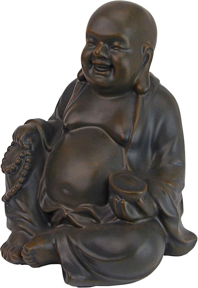 Design Toscano Laughing Asian Man Happy Hotei Garden Statue, Medium, 8 inches wide, 9 inches tall, Cast Stone Resin, Green Bronze Finish