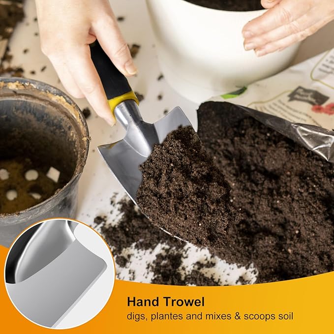 5 Pcs Gardening Tools Set with Heavy Duty Cast-Aluminium Heads and Non-Slip Rubber Grip, Including Transplanting Spade, Trowel, Cultivator, Pruner and Gardening Gloves, Great Gift for Woman