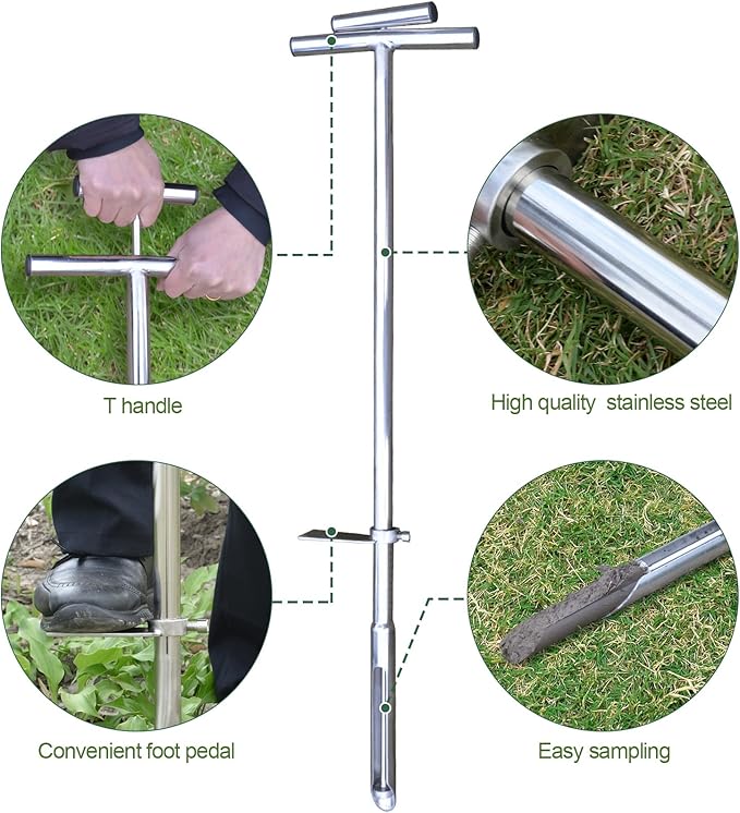 Soil Probe 40 Inch with 2 Bags, Soil Sample Probe with Ejector for Lawn House Plants, T-Handle Soil Sampler Probe Rod with Pedal, Stainless Steel Soil Test Kits Tool for Soil Sampling