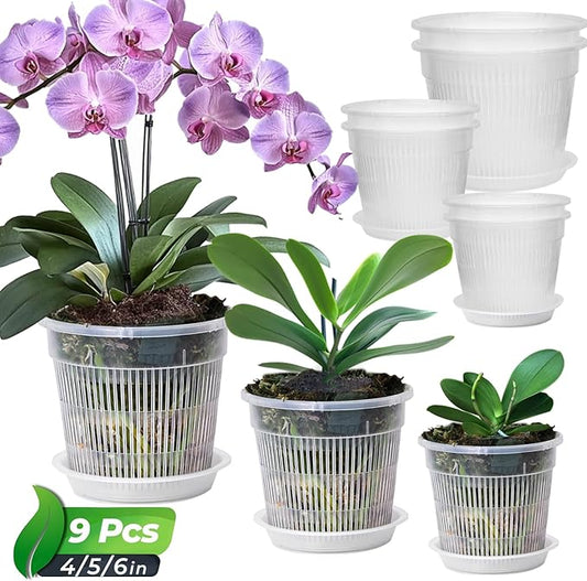 T4U Orchid Pot, 9 Pack Orchid Pots with Holes and Saucers for Repotting, 3 Each of 4.3, 5.5 and 6.3 Inch, Clear Plastic Flower Plant Pot for Indoor Outdoor Plants, Orchids Planter for Root Health