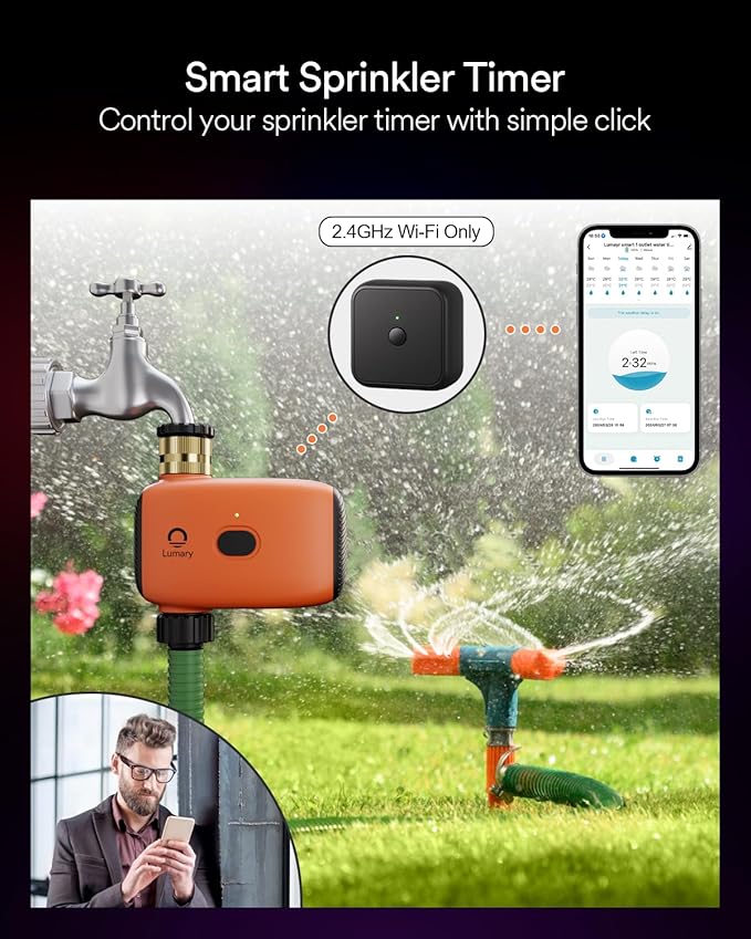 Lumary Smart Sprinkler Timer, WiFi Water Timer for Garden Hose, Brass Inlet Water Hose Timer, Manual/Automatic Irrigation Timer, App/Voice Control Work with Alexa (Gateway Included), Orange, L-WT1A1