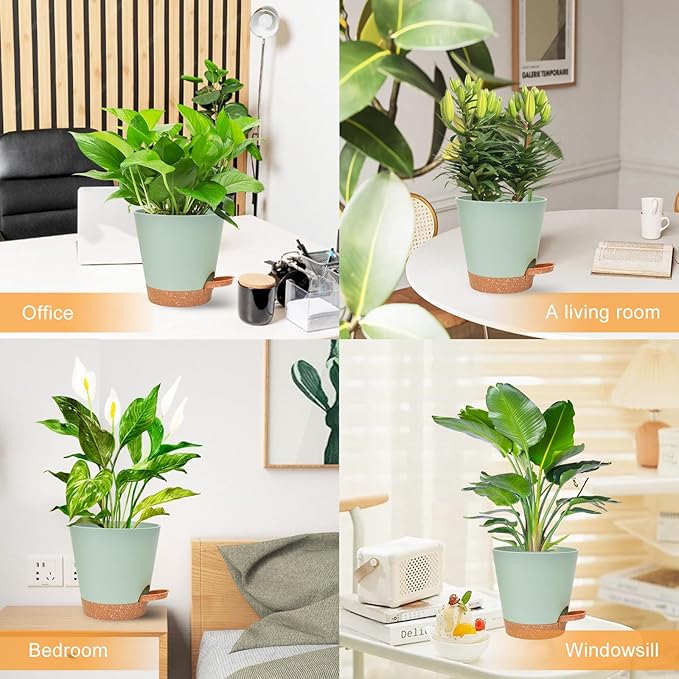 Planters for Indoor Plants 7/6.5/6/5.5/5 Inch, Self Watering Planters with Drainage Holes and Saucers 5 Pack Plastic Pots for Plants, Succulents, Herbs, Cactus, Flower Pots, Green