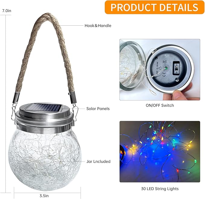 Outdoor Hanging Solar Lights,2 Pack 30 LED Solar Cracked Glass Ball Lanterns with Handle,Waterproof Solar Decorative Lights for Garden Patio Yard Christmas Wedding Party Decor(Colorful)