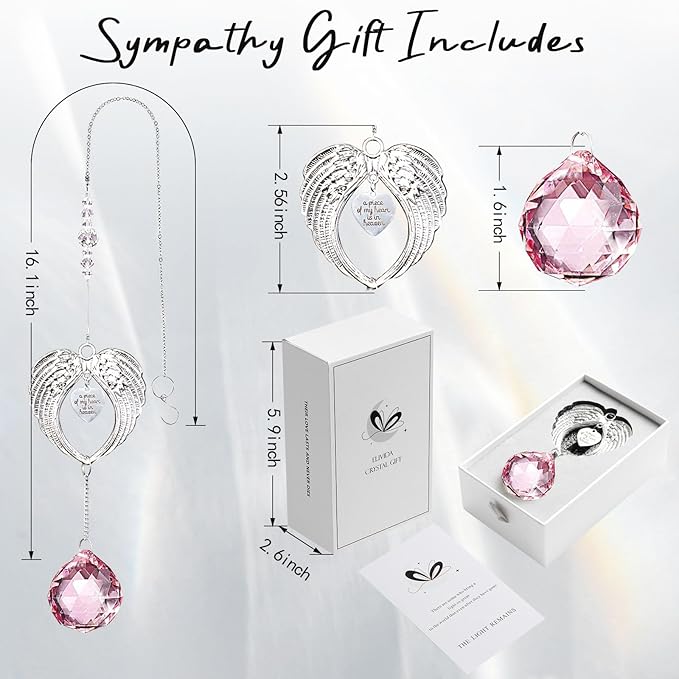 Sympathy Gift Modern Grief Gift for Lose of Loved Ones, Memorial Suncatcher with 40mm Crystal Ball, Sorry for Your Lose Rainbow Maker, Bereavement Gift Idea Angel Wings Design, Pink