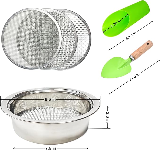 Soil Sifter for Gardening, Stainless Steel Sifting Pan Dirt Sifter, 9.5in Rock Sifter with 3 Sieve Mesh Filter Sizes (0.04",0.12",0.2")