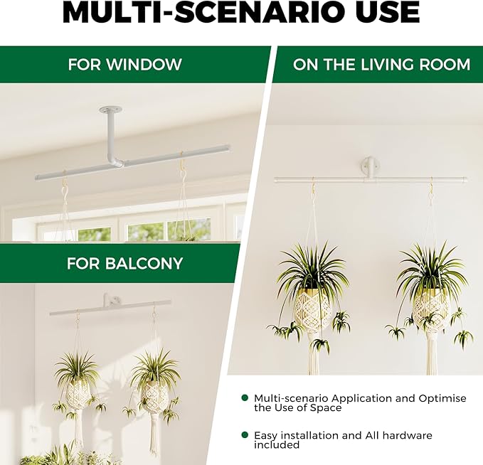 Bamworld Hanging Planters for Indoor Plants Plant Hanger Indoor Hanging Plant Holder Window Plant Shelves Metal Rod(Pot&Plant Not Included) 35.8in White