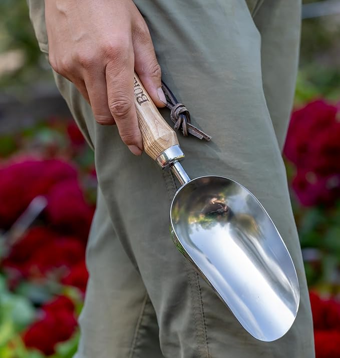 Burpee 15" Stainless Steel Soil Scoop | Durable Long Lasting Garden Tool | Leather Wrist Strap 5" Handle, Oak