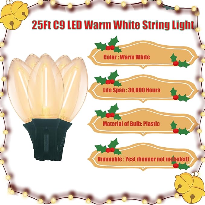 Vintage C9 LED Christmas Lights Outdoor, 25 Feet C9 Warm White String Lights Outdoor with 26 LED Clear Bulbs for Indoor Christmas Tree Roofline Holiday Party Garden Patio Backyard Cafe Decoration