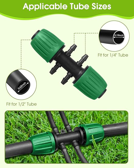 18 Pcs Drip Irrigation Fittings Kit for 1/2'' Tubing 1/2 Inch Drip Line Anti Drop Barbed Locking Nut Connector with 4 Tees 4 Couplings 3 Reducing Tee 3 Switch Valves 2 Elbows 2 Plugs (Green)