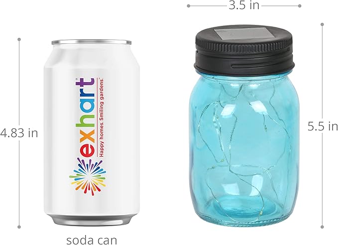 Exhart Solar Mason Jars, Set of 3 Glass Outdoor Garden Lanterns with Lids, 12 LED Firefly Lights, Lawn and Yard Decorations, 3.5 x 5.5 Inch