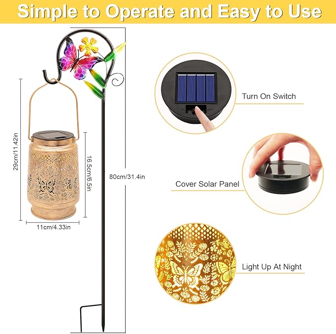 Solar Lanterns Outdoor Garden Decor Butterfly Hanging Lantern Lights, Birthday Gifts for Women Mom Grandma Waterproof Metal Solar Lights LED Decoration with Shepherd Hook for Garden Yard Patio Porch