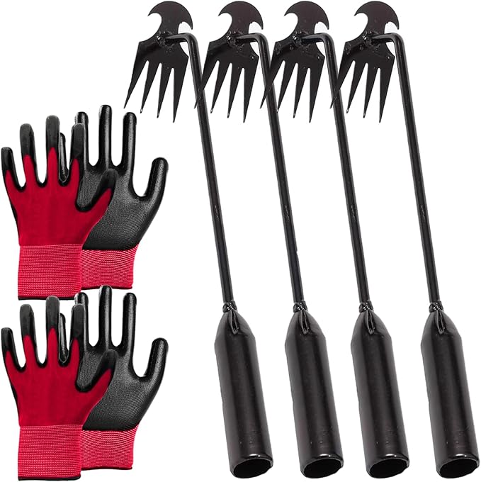 Stainless Weeding Artifact Uprooting Weeding Tool, Stainless Steel Forged Weed Puller 4 Teeth Dual Purpose Weeder, Hand Weeder Tool for Gardening with Long Handle (Black 4Pcs)